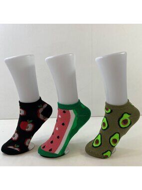 Womens Ankle Socks Set 3 Apple Watermelon Avocado Print Black Pink Green Red
